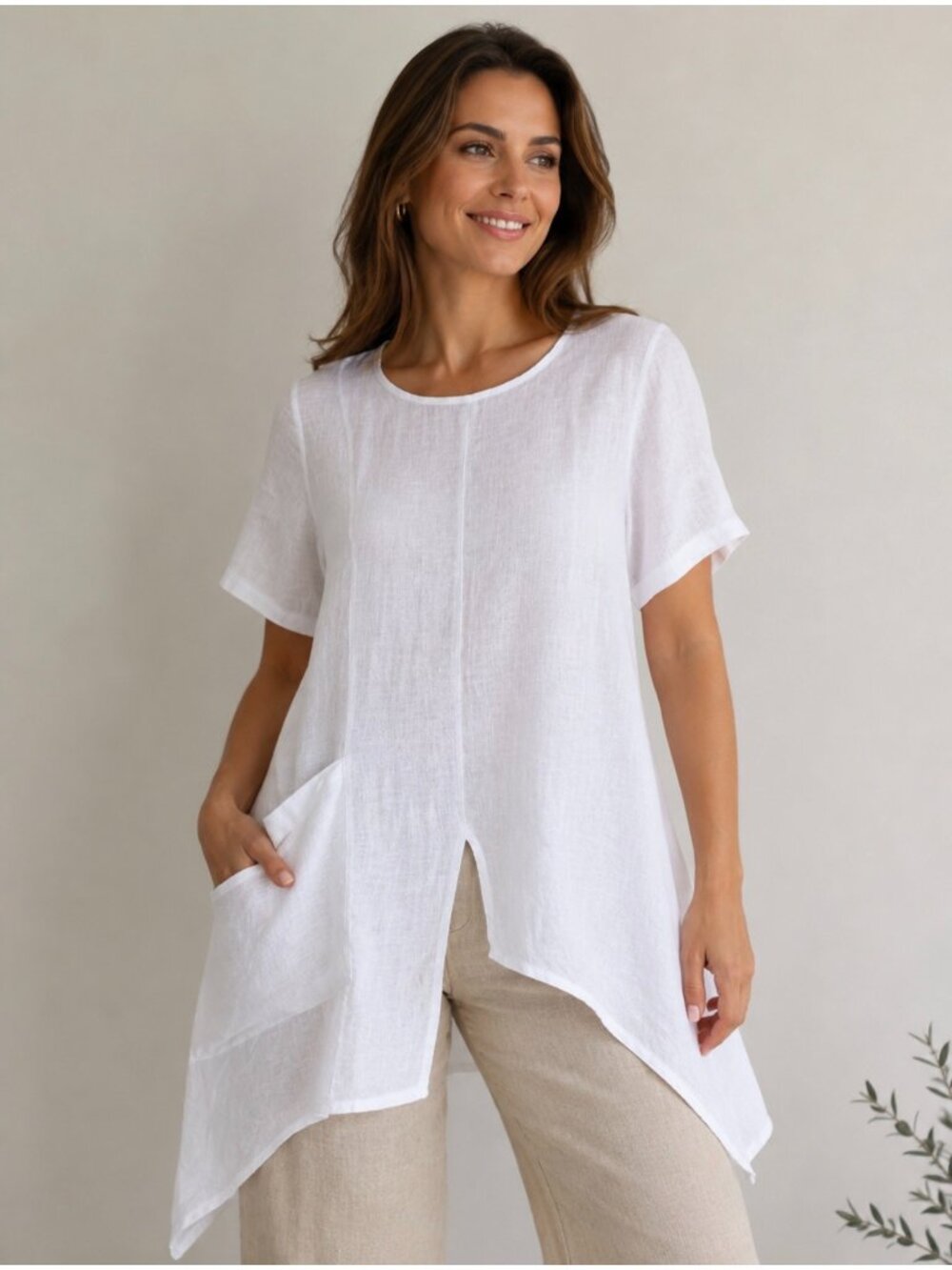 Saga Womens White Linen Asymmetrical Tunic Short Sleeves Pocket Made In Italy M